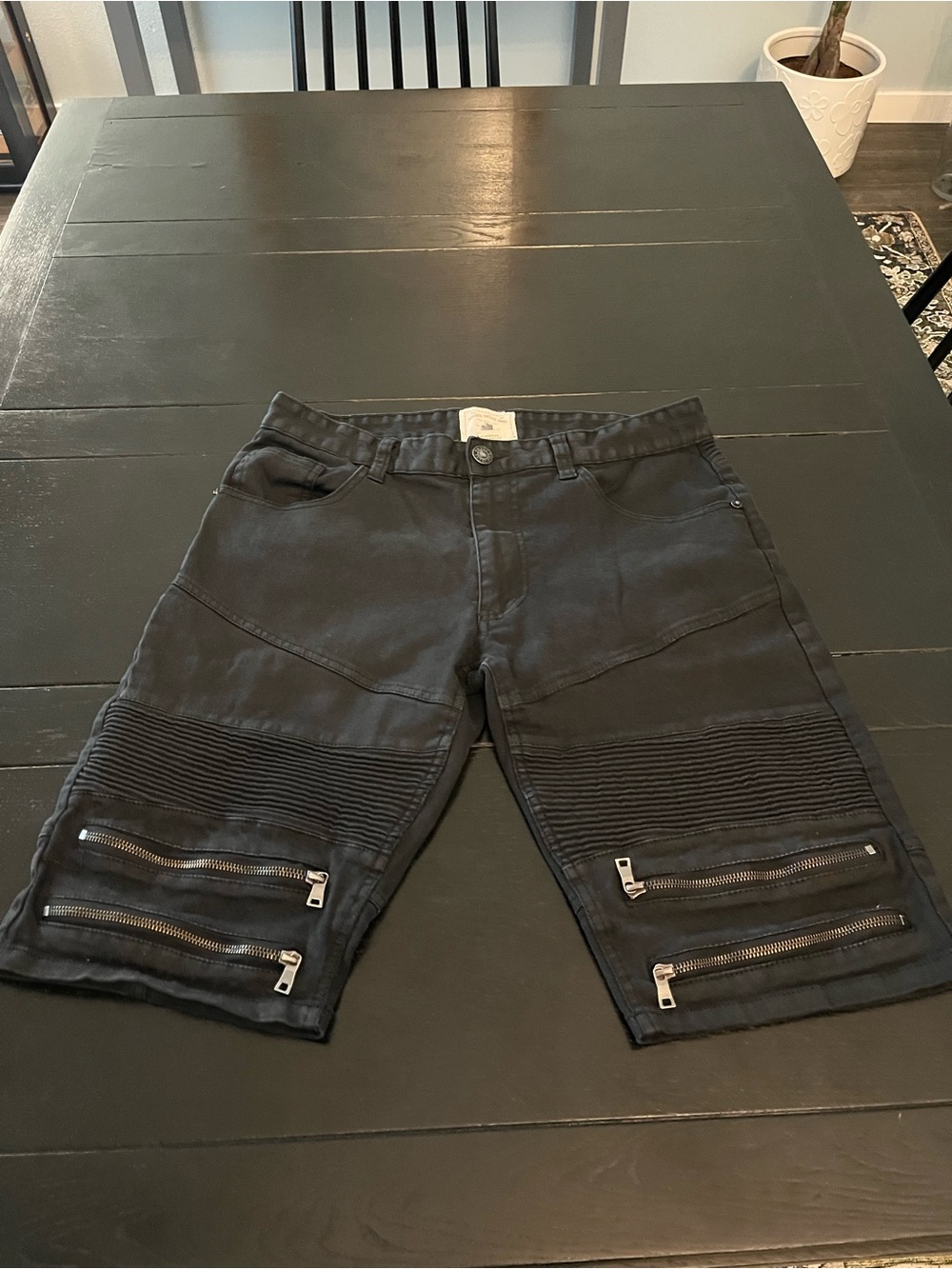 Men's Black Moto-Style Zipper Shorts